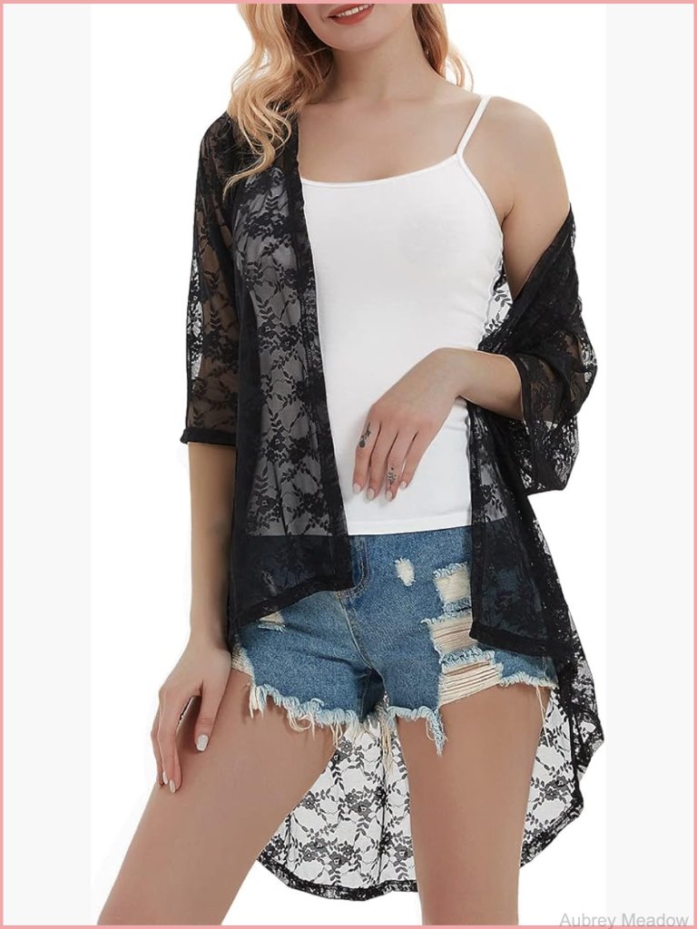 Lace Open Front 3/4 Sleeve Embroidered Midi Kimono Cardigan Cover Up